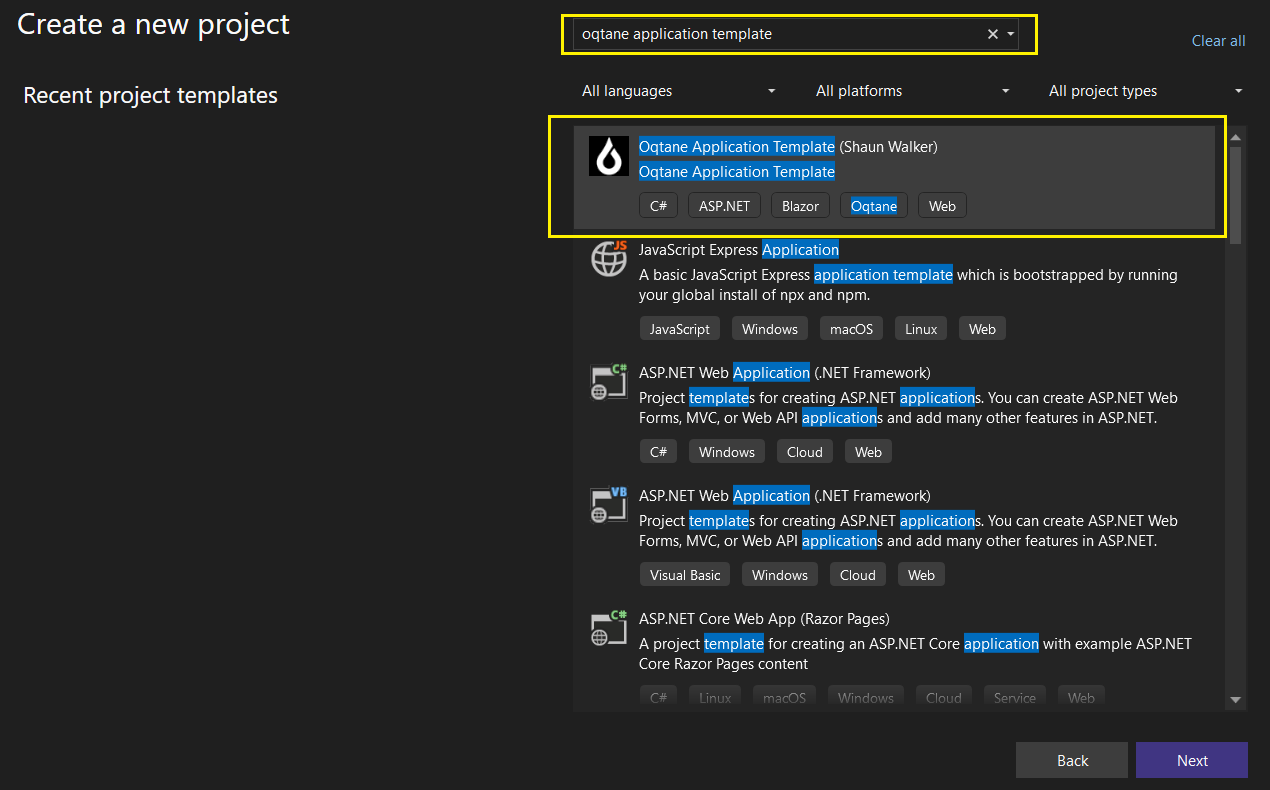 Visual Studio Create Oqtane Project