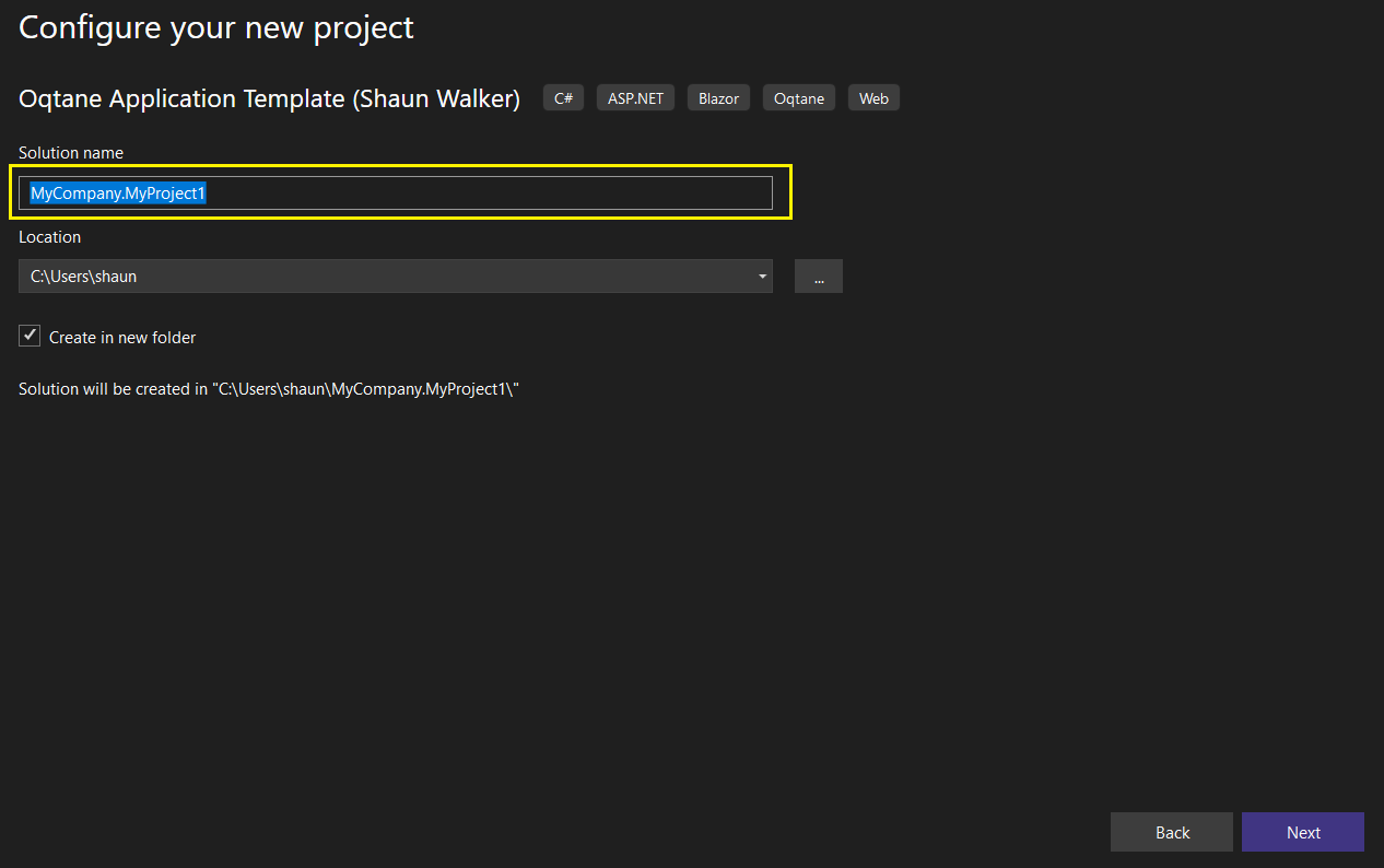 Visual Studio Create Oqtane Project